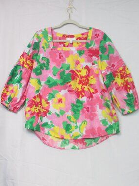 Charter Club Luxury 100% Linen M Pink Floral Blouse Square Neck Boho Top